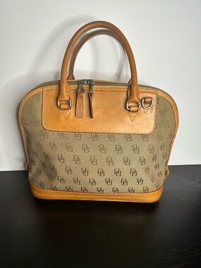 Dooney & Bourke Vintage Signature Monogram Tan Zip-Zip Satchel.